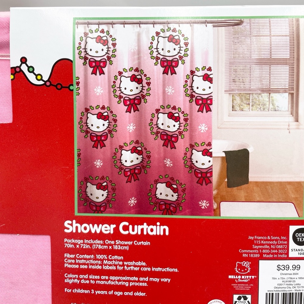 Hello Kitty Christmas Holiday Pink Shower Curtain and Shower Curtain Hooks - Picture 5 of 7